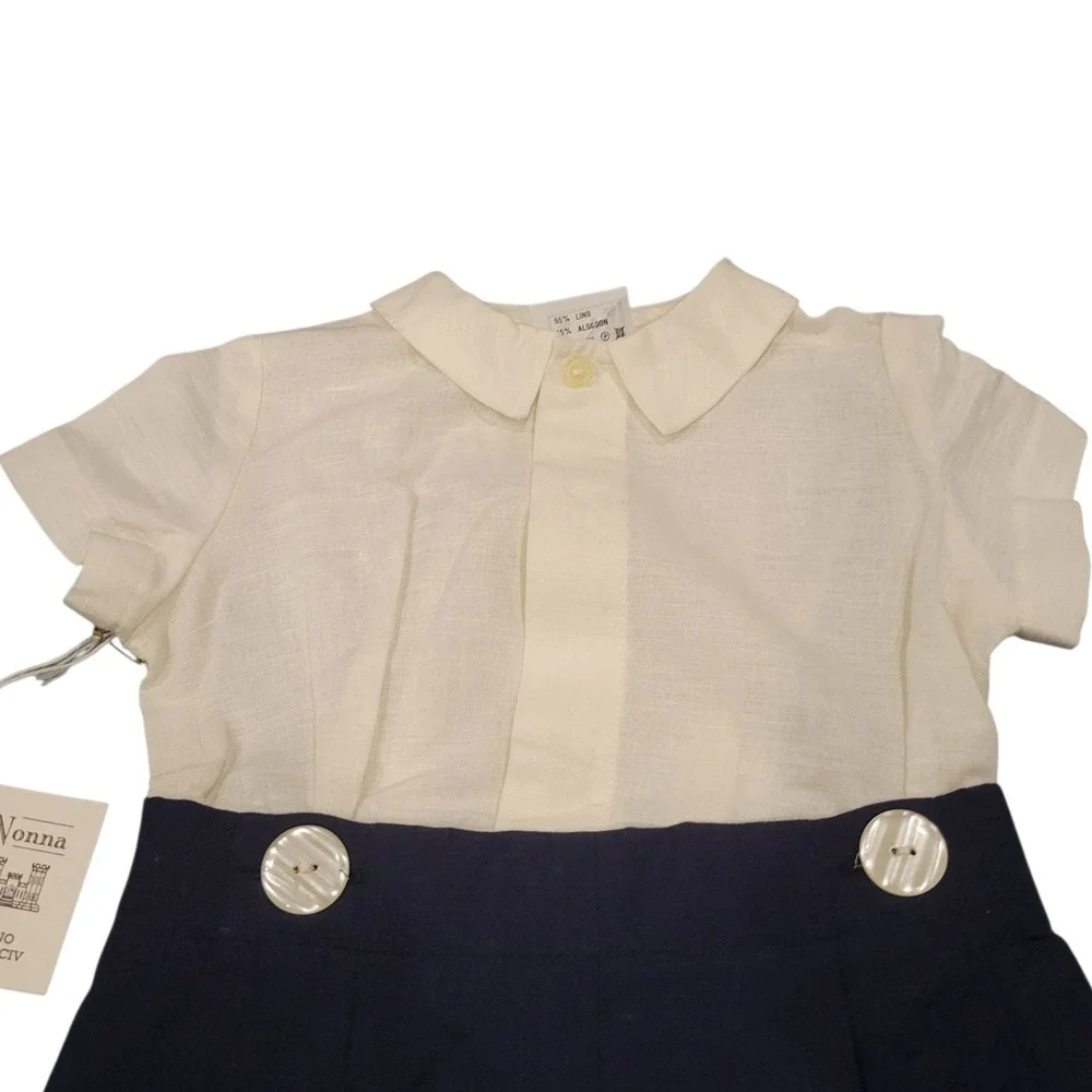 VTG Nonna Busatex Kids 12mo White‎ Linen Blend Top Navy Blue Shorts Jumper C391